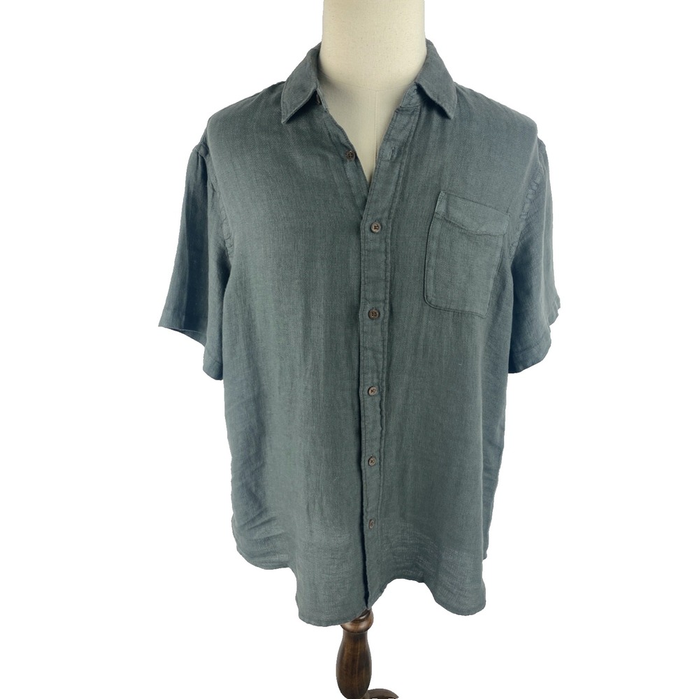 Faherty Mens XL Palma Linen Basketweave Button Front Shirt Steel Gray Camp